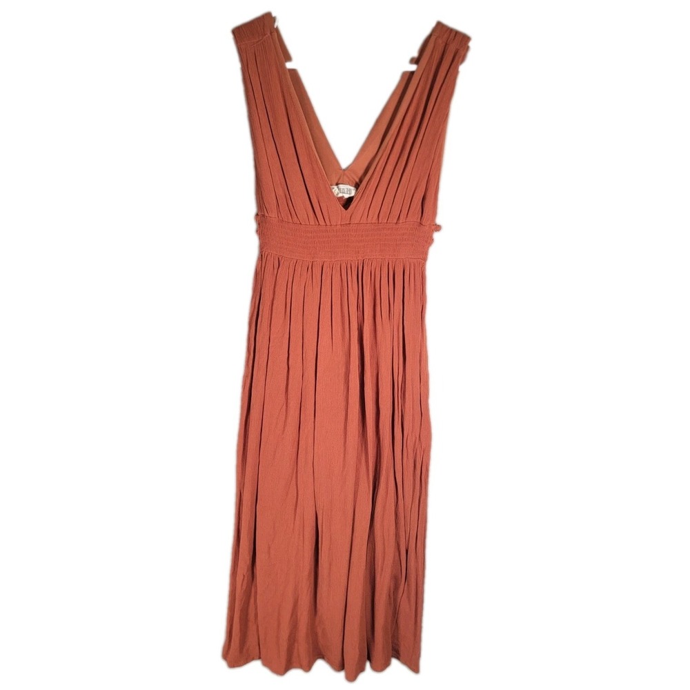 Just Found Dress Large L Terracotta Rust Cutout Smocked V-Neck Midi Boho